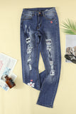 Gray Floral Leopard Ripped Boyfriend Distressed Denim Pants Jeans LC782289-11