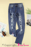 Gray Floral Leopard Ripped Boyfriend Distressed Denim Pants Jeans LC782289-11