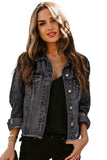 LC8511504-2-S, LC8511504-2-M, LC8511504-2-L, LC8511504-2-XL, LC8511504-2-2XL, Black Women's Jean Jacket Long Sleeve Lapel Distressed Raw Hem Buttons Denim Coat