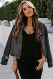 LC8511504-2-S, LC8511504-2-M, LC8511504-2-L, LC8511504-2-XL, LC8511504-2-2XL, Black Women's Jean Jacket Long Sleeve Lapel Distressed Raw Hem Buttons Denim Coat