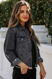 LC8511504-2-S, LC8511504-2-M, LC8511504-2-L, LC8511504-2-XL, LC8511504-2-2XL, Black Women's Jean Jacket Long Sleeve Lapel Distressed Raw Hem Buttons Denim Coat