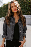 LC8511504-2-S, LC8511504-2-M, LC8511504-2-L, LC8511504-2-XL, LC8511504-2-2XL, Black Women's Jean Jacket Long Sleeve Lapel Distressed Raw Hem Buttons Denim Coat