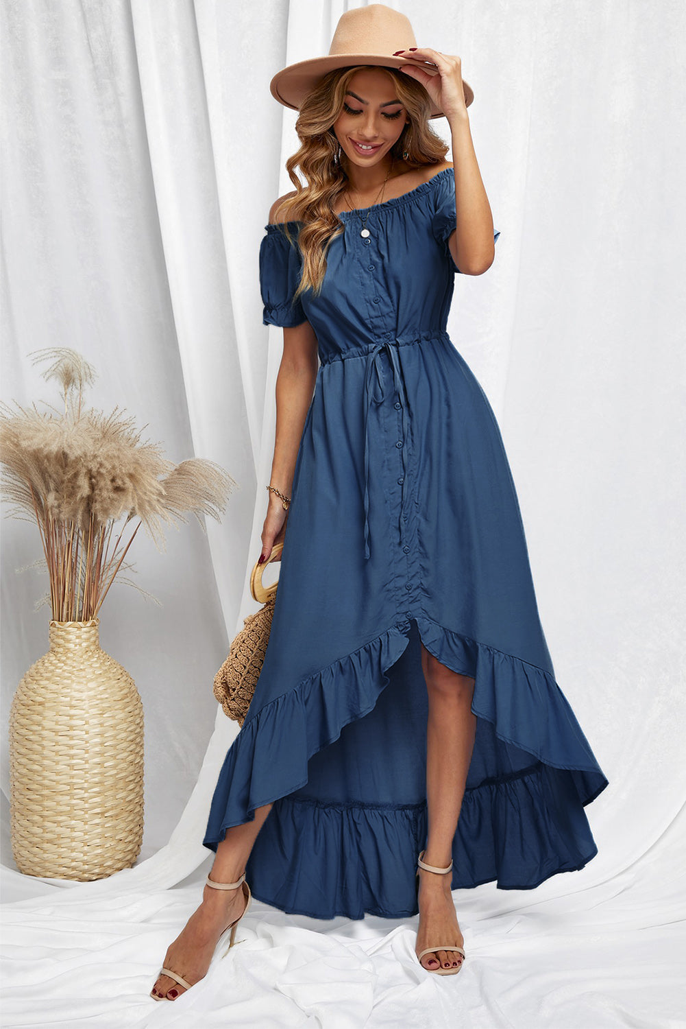 Blue White Off the Shoulder Dress High Low Maxi Dress  LC611566-5