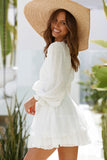 White Womens Deep V Neck Lantern Sleeve Knotted Tiered Mini White Dress LC227391-1