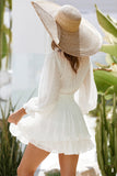 White Womens Deep V Neck Lantern Sleeve Knotted Tiered Mini White Dress LC227391-1