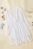 White Womens Deep V Neck Lantern Sleeve Knotted Tiered Mini White Dress LC227391-1