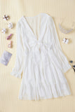White Womens Deep V Neck Lantern Sleeve Knotted Tiered Mini White Dress LC227391-1