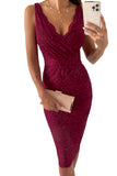 Red Floral Lace Sleeveless Deep V Neck Ladies Bodycon Midi Dress LC617433-3