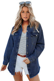 LC8511377-5-S, LC8511377-5-M, LC8511377-5-L, LC8511377-5-XL, LC8511377-5-2XL, Blue Women’s Oversized Shacket Pocket Long Boyfriend Raw Hem Button Jacket