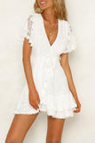 White Mini Dress Wrap V Neck Floral Lace Short Dress