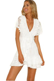 White White Mini Dress Wrap V Neck Floral Lace Short Dress LC224799-1