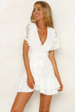 White White Mini Dress Wrap V Neck Floral Lace Short Dress LC224799-1