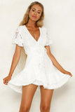 White White Mini Dress Wrap V Neck Floral Lace Short Dress LC224799-1