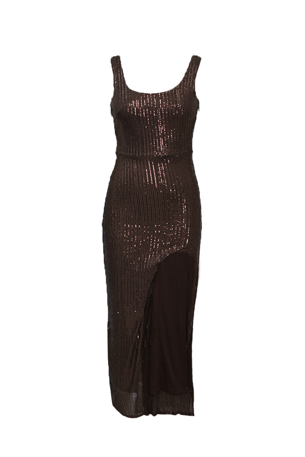 Brown Womens Sexy Dress Sleeveless High Split Sequin Maxi Dress LC617431-17