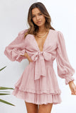 Pink Womens Deep V Neck Lantern Sleeve Knotted Tiered Mini White Dress LC227391-1010