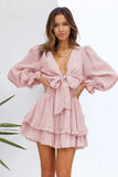 Pink Womens Deep V Neck Lantern Sleeve Knotted Tiered Mini White Dress LC227391-1010