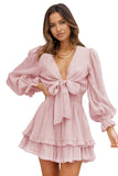 Pink Womens Deep V Neck Lantern Sleeve Knotted Tiered Mini White Dress LC227391-1010