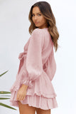 Pink Womens Deep V Neck Lantern Sleeve Knotted Tiered Mini White Dress LC227391-1010