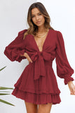 Red Womens Deep V Neck Lantern Sleeve Knotted Tiered Mini White Dress LC227391-3