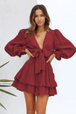 Red Womens Deep V Neck Lantern Sleeve Knotted Tiered Mini White Dress LC227391-3