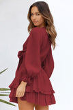 Red Womens Deep V Neck Lantern Sleeve Knotted Tiered Mini White Dress LC227391-3