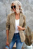 LC852187-16-S, LC852187-16-M, LC852187-16-L, LC852187-16-XL, LC852187-16-2XL, Khaki Womens Casual Blazers Plaid Lapel Collar Work Office Blazer Jacket