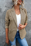 LC852187-16-S, LC852187-16-M, LC852187-16-L, LC852187-16-XL, LC852187-16-2XL, Khaki Womens Casual Blazers Plaid Lapel Collar Work Office Blazer Jacket