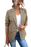 LC852187-16-S, LC852187-16-M, LC852187-16-L, LC852187-16-XL, LC852187-16-2XL, Khaki Womens Casual Blazers Plaid Lapel Collar Work Office Blazer Jacket