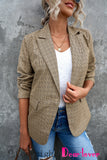 LC852187-16-S, LC852187-16-M, LC852187-16-L, LC852187-16-XL, LC852187-16-2XL, Khaki Womens Casual Blazers Plaid Lapel Collar Work Office Blazer Jacket