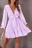 Pink Womens Deep V Neck Lantern Sleeve Knotted Tiered Mini White Dress LC227391-10