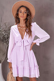 Pink Womens Deep V Neck Lantern Sleeve Knotted Tiered Mini White Dress LC227391-10
