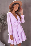 Pink Womens Deep V Neck Lantern Sleeve Knotted Tiered Mini White Dress LC227391-10