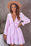 Pink Womens Deep V Neck Lantern Sleeve Knotted Tiered Mini White Dress LC227391-10