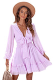 Pink Womens Deep V Neck Lantern Sleeve Knotted Tiered Mini White Dress LC227391-10