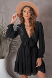 Black Womens Deep V Neck Lantern Sleeve Knotted Tiered Mini White Dress LC227391-2