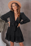 Black Womens Deep V Neck Lantern Sleeve Knotted Tiered Mini White Dress LC227391-2