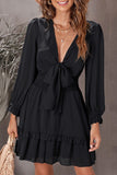 Black Womens Deep V Neck Lantern Sleeve Knotted Tiered Mini White Dress LC227391-2