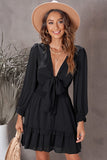 Black Womens Deep V Neck Lantern Sleeve Knotted Tiered Mini White Dress LC227391-2