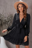 Black Womens Deep V Neck Lantern Sleeve Knotted Tiered Mini White Dress LC227391-2