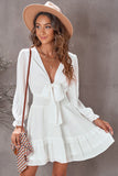 White Womens Deep V Neck Lantern Sleeve Knotted Tiered Mini White Dress LC227391-1