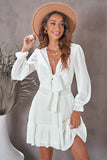 White Womens Deep V Neck Lantern Sleeve Knotted Tiered Mini White Dress LC227391-1