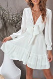 White Womens Deep V Neck Lantern Sleeve Knotted Tiered Mini White Dress LC227391-1