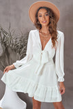White Womens Deep V Neck Lantern Sleeve Knotted Tiered Mini White Dress LC227391-1