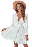 White Womens Deep V Neck Lantern Sleeve Knotted Tiered Mini White Dress LC227391-1