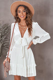 White Womens Deep V Neck Lantern Sleeve Knotted Tiered Mini White Dress LC227391-1