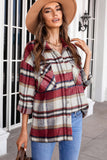 LC255462-3-S, LC255462-3-M, LC255462-3-L, LC255462-3-XL, LC255462-3-2XL, Red Geometric Plaid Print Pocketed Shirt