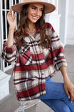 LC255462-3-S, LC255462-3-M, LC255462-3-L, LC255462-3-XL, LC255462-3-2XL, Red Geometric Plaid Print Pocketed Shirt