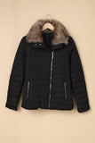 LC85117-2XXL, LC85117-2XL, LC85117-2L, LC85117-2M, LC85117-2S, Winter Coats for Women Camel Faux Fur Collar Trim Black Quilted Jacket Outerwear
