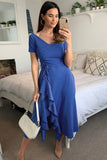 Blue Blue V Neck Ruffle Short Sleeve Midi Dress with Belt LC617504-5