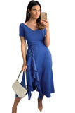 Blue Blue V Neck Ruffle Short Sleeve Midi Dress with Belt LC617504-5